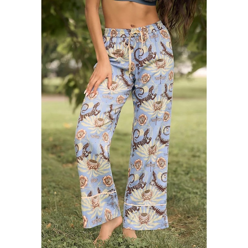 Victoria Garcia Anthropologie Pajama Bottoms Women L Blue Lizard Botanical